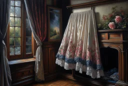 A beautiful romantic ruffled dress, decorated with beautiful embroidered flowers and lace, hanging on a hanger in a bedroom by the fireplace, in the light of the fireplace, Hyper realistic, oil on canvas award winning fantastic view ultra detailed acrylic art Ultra realistic Impressionism Surrealism simen johan, sharp focus intricate oil on canvas cinematic lighting photorealistic high detail ultra detailed crisp quality colourful