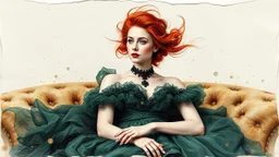 mixed media, multiple exposure, old worn torn plain canvas, grunge, layered, embossed, fine art luminous soft watercolor, glitter, mid-ground, luminosity, highlights, gold fragments, light effects, dark grey-green fragments, dot technique, portrait of Victorian Gothic woman on SOFA, Red hair, light Red lips, fluffiness, wind, airy dark GREEN flowing dress, Fur, swirls, layered, blending, textured, 3D, 8K, best quality, fine rendering, high detail, hyperrealism, high resolution, high definition,