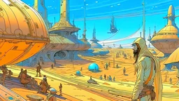 inside a futuristic city in the desert, camels, people in first plane , art of Moebius