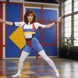 youthful Marilu Henner doing gym in an iconic Mondrian geometry leotard