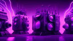 five different giant magic generator machines side by side with lots of gadgets, purple tones, dreamy, psychedelic, 4k, sharp focus, volumetrics, trippy background