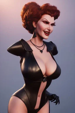 Rita Hayworth as evil queen in black leather, busty, cleavage, dominatrix, curvy, angry, stern look. character design by cory loftis, fenghua zhong, ryohei hase, ismail inceoglu and ruan jia. unreal engine 5, artistic lighting, highly detailed, photorealistic, fantasy