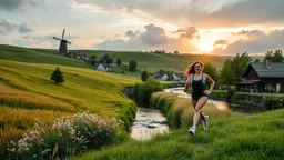 a village over high grassy hills,a small fall and river and wild flowers at river sides, trees houses ,next to Ripe wheat ready for harvest farm,windmill ,a few village local shops ,cloudy sun set sky, a beautifull lady in sports suit runimg to camera along river side