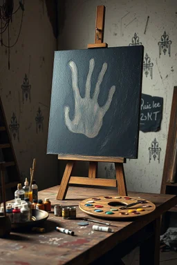 An artist studio with painting stand on it a dark picture and on the table colors tubes. And palate "A very old paints cracked dirty abandoned stage , insanely detailed octane render trending on artstation, 8k artistic photography, photorealistic concept art, soft natural volumetric cinematic perfect light, chiaroscuro, award-winning photograph, masterpiece, oil on canvas, Raphael, Caravaggio, Greg Rutkowski, people, beksinski, Giger