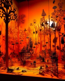 An orange colored metal forest with bugs designed in Javanese shadow puppets painted by Vincent van Gogh