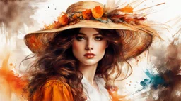 Vintage art, brown and orange shades, sunny day, straw hat for woman, summer dress, splashes of art, in the style of Dante Gabriel Rossetti, Yossi Kotler, Camilla D'Errico, masterpiece, fine art in the style of Carne Griffiths, Paula Hoppe