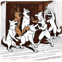 A group of anthropomorphic wolves react in surprise as one large hammer flies in the air against the wall of the wooden building. in the background other anthropomorphic wolves watch the scene unfold with expressions of shock and with surprise faces. one young anthropomorphic wolf in bodyhair stands in the foreground held up empty two paws, high realistic, detailed,dark fantasy mood, rain, cinematic