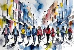 people walking in street abstract watercolour