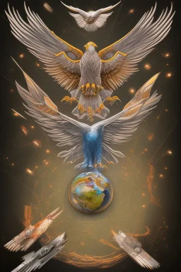 Eagle is flying in the space and is holding the earth in his claws.