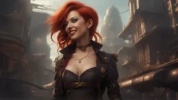 A photorealistic image of a red-haired, slender, witchy woman, winking and smiling, in a one-piece steampunk outfit and boots, walking through a futuristic city with flying machines.