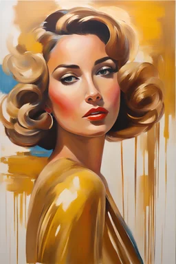 realistic monochromatic paintings arts of midcentury modern lady, unseen, creative, beyond the limits, colorful, golden color, Brushstroke driven style of Impressionism with realistic subject matter,