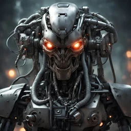 a portrait of an evil combat robot. photorealistic. lots of greebling; little hoses, lights, and weapon systems. terminator, meets predator, meets alien, meets the matrix
