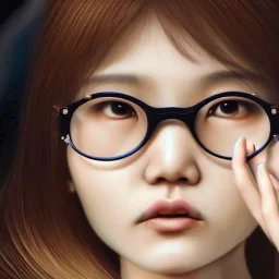 close up portrait of Korean gamer girl seting with hand on the Chen and round glasses on her face , brown hair , white headfone ,fine detail, highly intricate, modern surrealism painting, defined cracks and breaks, high-quality, volumetric lighting, 8k, ultrahd, George Grie, Marco Escobedo, Igor Morski,Brian Froud, Howard Lyon, Selina French,