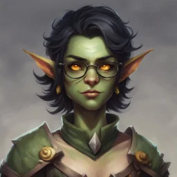 dnd, portrait of cute orc-elf hybrid femboy, black hair, short hair curled hair, hair covering one eye, round glasses, tusks, sharp teeth, yellow eyes, flat chest, mage