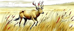 dynamic composition of an Elk off-center in a prairie field, wild grasses and bushes in corners of foreground, wildlife illustration