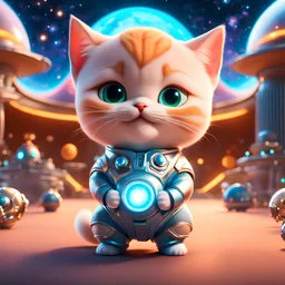 (masterpiece, best quality, 8k, RAW photo, beautiful and aesthetic:1.2), complex detail, Indirect light, photorealistic, (((full body))), Cosmic Boss Baby style smiling, bald, with a ginger cat companion, colorfull Sci-Fi environment