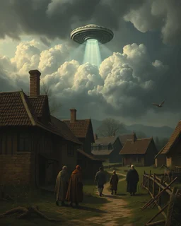 Bosch painting style, nightmare , people in an old village from the 3ed century, dramatic, great quality picture with cinematic scenes , show a UFO among the heavy clouds in the background