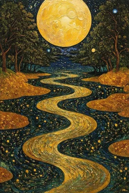 The river of time reflected under the full moon; Modern Celestial Symbolic Art in the color palette of Gustav Klimt