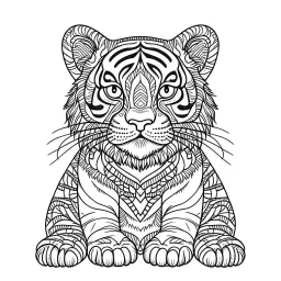 mandala baby tiger, happy, cute animals, full view, realistic, coloring page, only draw lines, coloring book, clean line art, –no sketch, color, –ar 3:4, white background, minimalistic black lines, minimal black color, low level black colors, coloring page, avoid thick black colors, thin black line art, avoid colors, perfect shape, perfect clear lines,