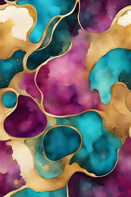 abstract golden, dark magenta and turquoise watercolors with golden outlines