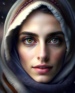 best quality, masterpiece, ultra high res, (photorealistic:1.4), 1 beautiful 50 years woman, half body, black eyes, snowy skin , black eyebrows , medium noise , small mouth , wearing hijab , looking at viewer, --q 2 --v 5, no NSFW