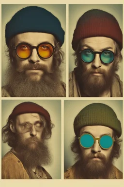 Hippie bohemian young ugly man with Parisian bohemian look and glasses of colours and poor and short short short and poor hair on the head with receding hairline. Farsightedness glasses with big eyes. Long beard. Vintage look and feel like photo styleof the 70s