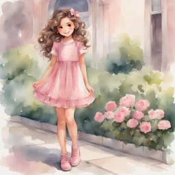 watercolor, full body, cute smile girl, curly hair, big eyes, long brown hair, pink dress, pink shoes