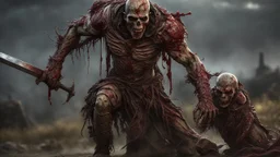 a rotting zombie warrior. carnage on a battle field. fantasy setting. armor fused to the skin. blood. broken bones. broken fangs. broken jaws. broken armor. gloves.intense horror. blind terror. scared to death. a masterpiece, fantasy concept art, dynamic lighting, hyperdetailed, intricately detailed, deep color, Unreal Engine, volumetric lighting, Epic cinematic brilliant stunning intricate meticulously detailed dramatic atmospheric maximalist digital matte painting