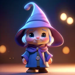 A tiny, adorable toy of a young wizard, standing confidently with a mischievous smile. The soft, smooth lighting bathes the scene in a warm, magical glow, accentuating the pastel colors of his robes and hat. The style is reminiscent of Skottie Young's playful and whimsical illustrations, bringing the character to life in a 3D Blender render. The polycount is kept low to maintain a charming, toy-like quality. The modular constructivism of the environment adds a touch of surrealism,