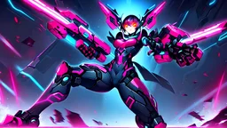 Anime Style, Female, Robot wings, some parts are mettalic, fighting with guns, cyberpunk, face visible, glowing eyes, full body suit
