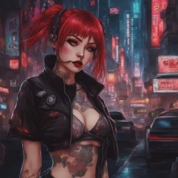 Darksynth,horror,Judy Alvarez,anime cyberpunk girl, eye shadows, arasuka, cyberpunk night city, piercing, gang tatto, red hair