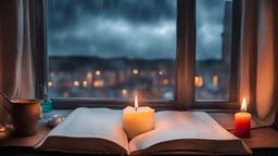 cozy living room window, looking out into the rainy stormy street, car headlights and street lights can be seen outside from the window, a fat candle burning on the windowsill, an open bible sitting next to the candle, add vibrant colors