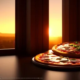 Delicious realistic pizza, sunset, light from window, shiney texture, unreal engine 5, 8k resolution, photorealistic, ultra detailed, by greg rutowski