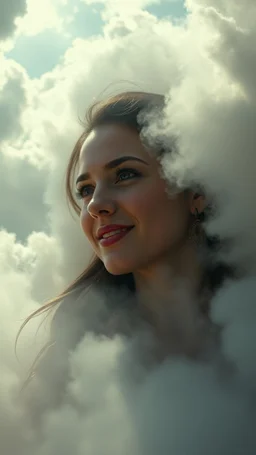 A beautiful eyes of a woman’s smiling? with a long earring above swirling clouds, emerges from the heart of a raging storm. Turbulent winds of steam swirl around the louds lit by shafts of sunlight that cast dramatic shadows on the A beautiful woman High quality 16k cinematic scene and great photography
