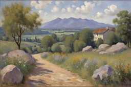 sunny day, clouds, rocks, trees, mountains, flowers, gustave caillebotte and pieter franciscus dierckx impressionism paintings