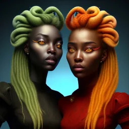 3D. Detailed Painting .realistic. Dark skin women. Beautiful. the faces of two young black women. Warm. Fire nymphs emerging from the flames.red.. Energy. Focus. THeir hair looks like smoke .smoke curling. Dreadlocs. Their skin is the colour of charcoal . Their hair moves like smoke. . their clothing is made of flames, red. Orange. Yellow. White and gold