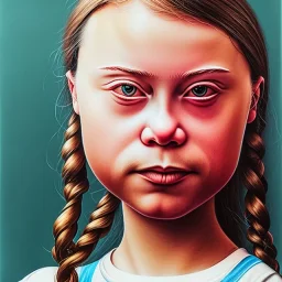 portrait of Greta Thunberg drinking covered in oil