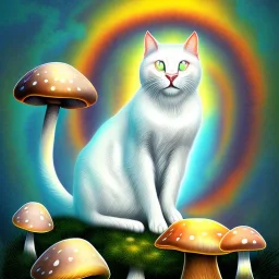 mystical white cat sits on a psychedelic mushroom