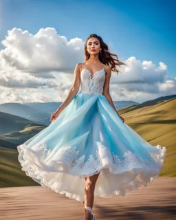 full-body closeup shot of a young, beautiful girl with a perfect face and makeup,wearing pretty dance dress standing in a stage in open air nice hills , blue sky ,pretty clouds at distant