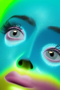 Rosalía artist, Realistic image, natural waist up portrait, perfect eyes, glow eye, black eye liner, sweet face, pigtails hair, spray line make up, glow, gold lips, big rings piercing, led ornament, inflatable latex coat, cold, led lights, minimal, neon, pink, blue, gold, vibrant color, highly detailed, art stations, concept art, smooth, unreal engine 5, god lights, ray tracing, RTX, lumen lighting, ultra detail, volumetric lighting, 3d, finely drawn, high definition, 4k.