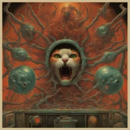 Cat's foot iron claw Neuro-surgeons scream for more At paranoia's poison door - Twenty-first century schizoid man, by King Crimson, kinetic prog rock album Art, colorful expansive surrealism, by Barry Godber, horror, volumetric lighting.