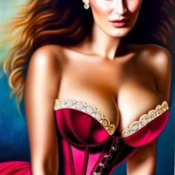 Ultra detailed fullbody Portrait in oil on canvas of fit beautiful mature realistic busty Bella Hadid,wearing tight 18th Century Corset ,extremely detailed digital painting, extremely detailed face,crystal clear eyes, mystical colors ,perfectly centered image, perfect composition, rim light, beautiful lighting,masterpiece,8k, stunning scene, raytracing, anatomically correct, in the style of robert e howard and Wizyakuza and Ohrai Noriyoshi and Simon Bisley and uncannyknack