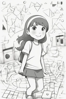 Little girls playing in a playground with a mix of different shapes like circles, squares, and triangles.,very happy , Colloring page for todlliers ; basic hawali style cartoon , black and white , ink outlines , , smooth , anime style , minimalist , cute eyes , full body , white shose , sketchbook , realistic sketch , free lines , on paper , character sheet , clean line art high detailed