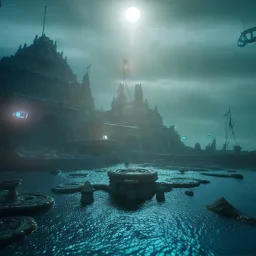 sunken underwater city of Norse gods, fish swimming around, highly detailed, cinematic, ultra photorealistic, ultra realistic, volumetric lighting, sun shafts