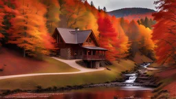 Rolling hills of red, orange, yellow leaves autumn trees in a forest, a walking path beside a meandering stream. Birds getting ready to fly south for the winter. A cozy log wood cottage nearby. Hyper realistic, photo realistic, 8K UHD, cinematic, highly focused, earth tones