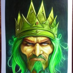 dungeons and dragons, fantasy, goblin, king, green skin, watercolour, distinct face, portrait, head, crude crown