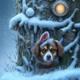 close up of sad, abandoned, miserable dog tied to a tree with family home in the background, winter, 8k resolution, high-quality, fine-detail, iridescent, intricate, digital art, detailed matte, volumetric lighting, illustration, 3D octane render, brian froud, howard lyon, selina french, anna dittmann, annie stokes, lisa parker, greg rutowski