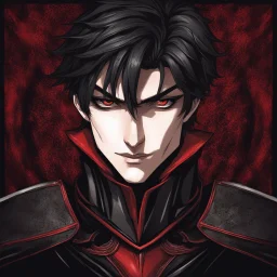 A headshot of a smirking, handsome, male medieval villain in his late 20's, he radiates raw dark power, wearing red and black leather fantasy armor, anime style, dark medieval background, intricately detailed