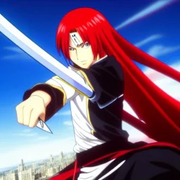 A Young badass adult with long red hair holding a visible perfect katana with one arm in a fighting stance against an enemy and the other arm raised with one finger up surrounded by the spiritual pressure ANIME BLEACH lOGO by Tite Kubo