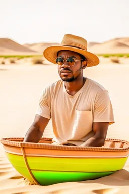 African man wearing hat and sunglasses, rowing small boat in desert sand